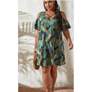 SHEIN VCAY Plus Size Boho Tropical Print Cold Shoulder Crisscross Front Dress 1X